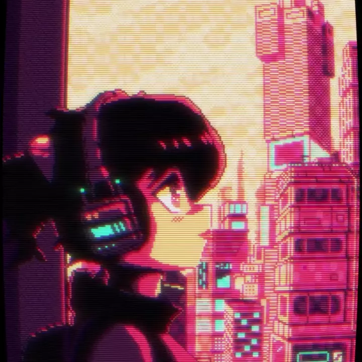my pfp :3 [crt overlay synthwave girl in futuristic neon city, flipping between day and night]